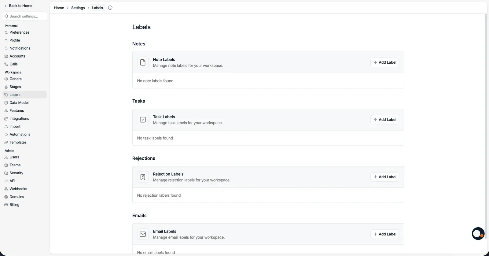 The Labels settings, grouped by where each label is used