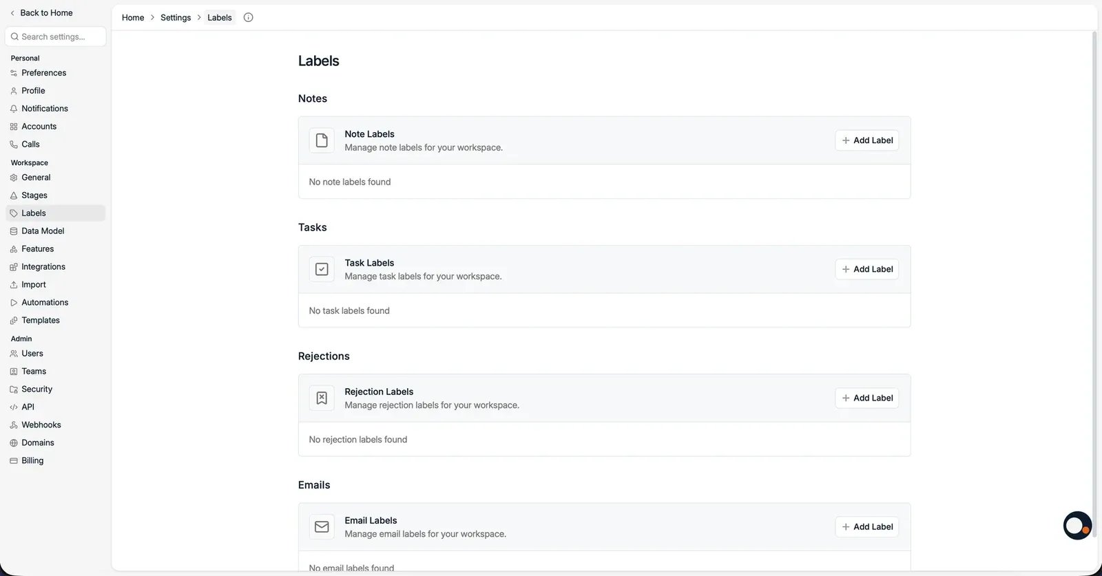 The Labels settings, grouped by where each label is used