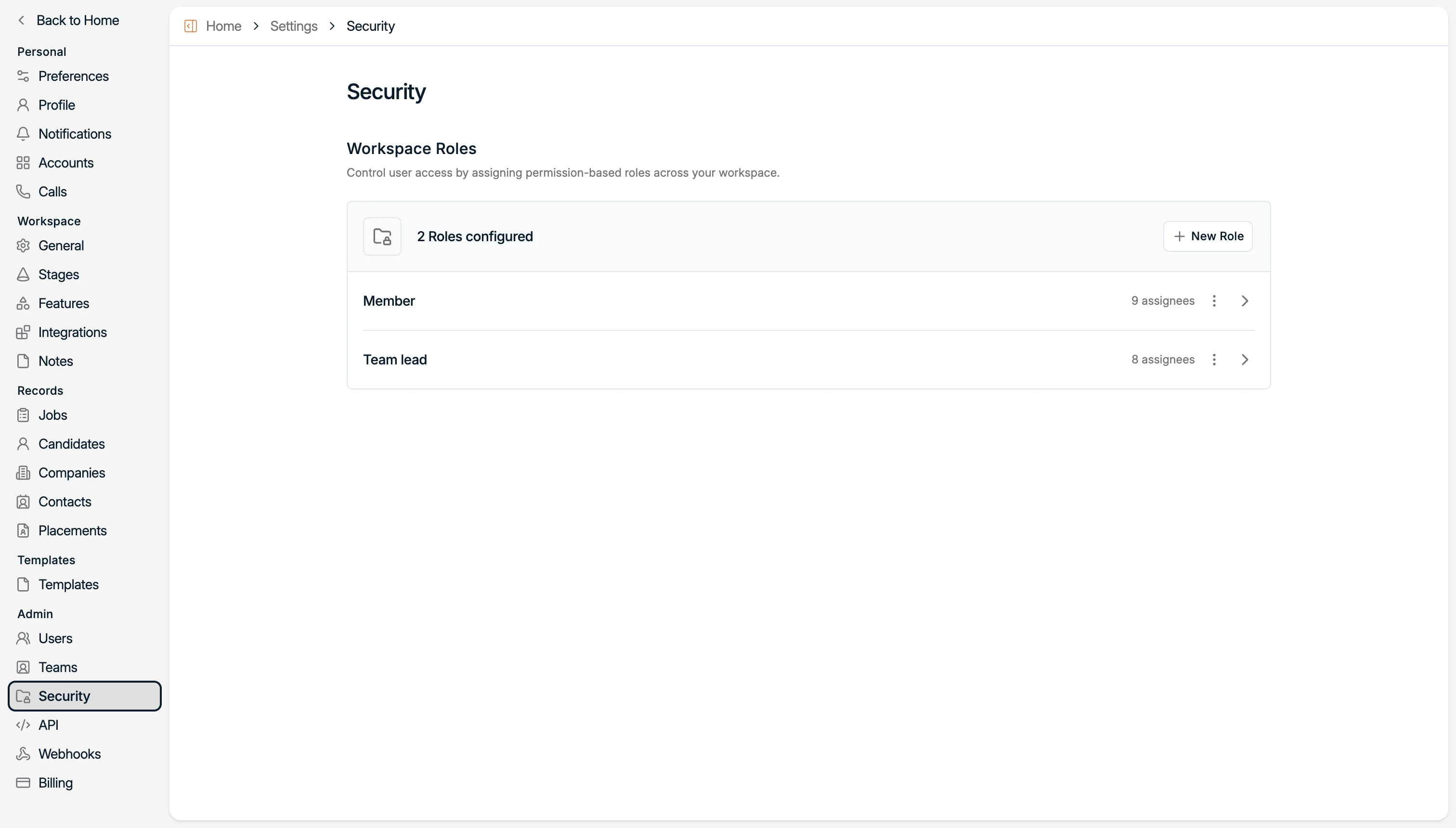 The Security tab with the list of roles