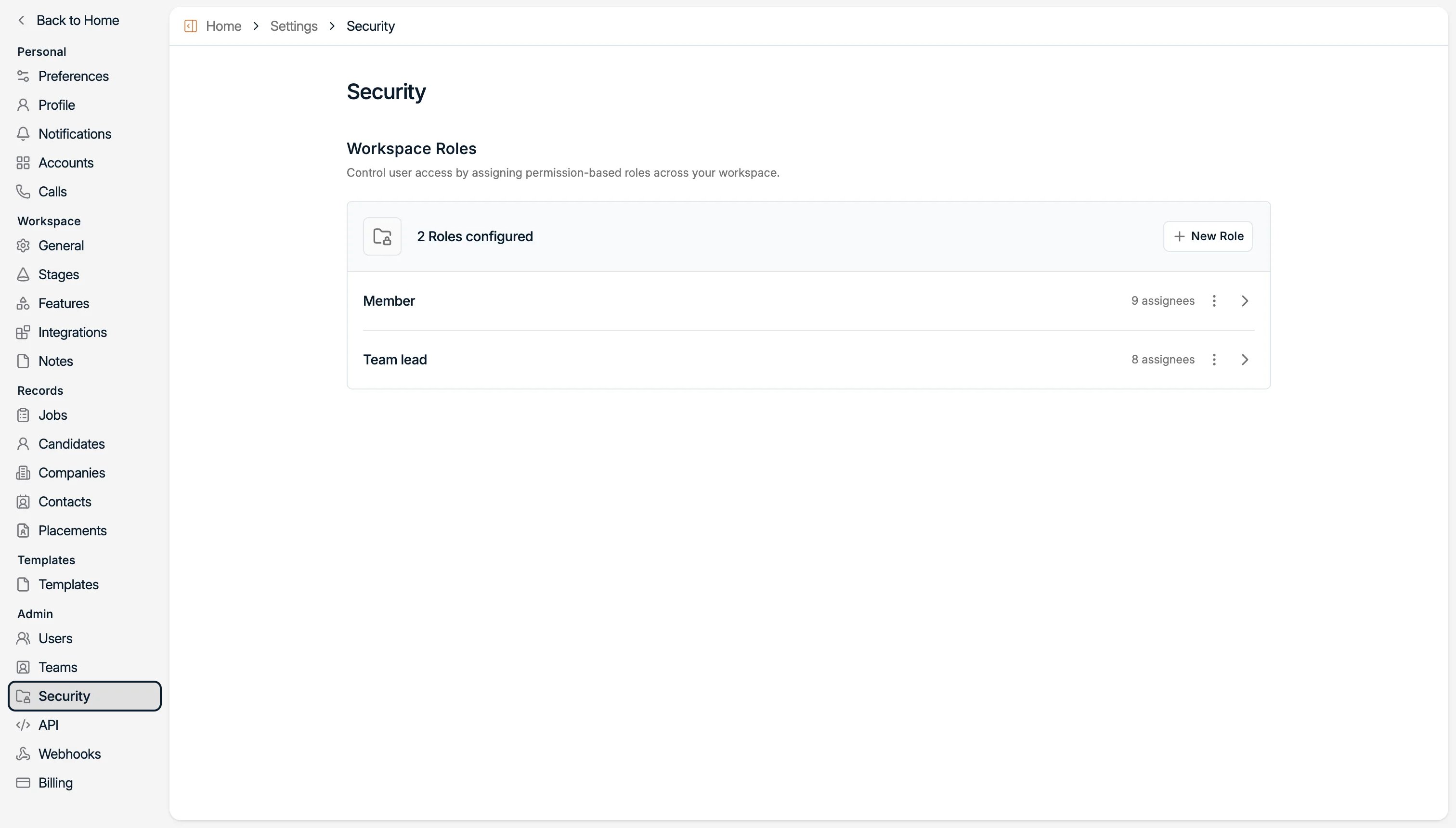 The Security tab with the list of roles