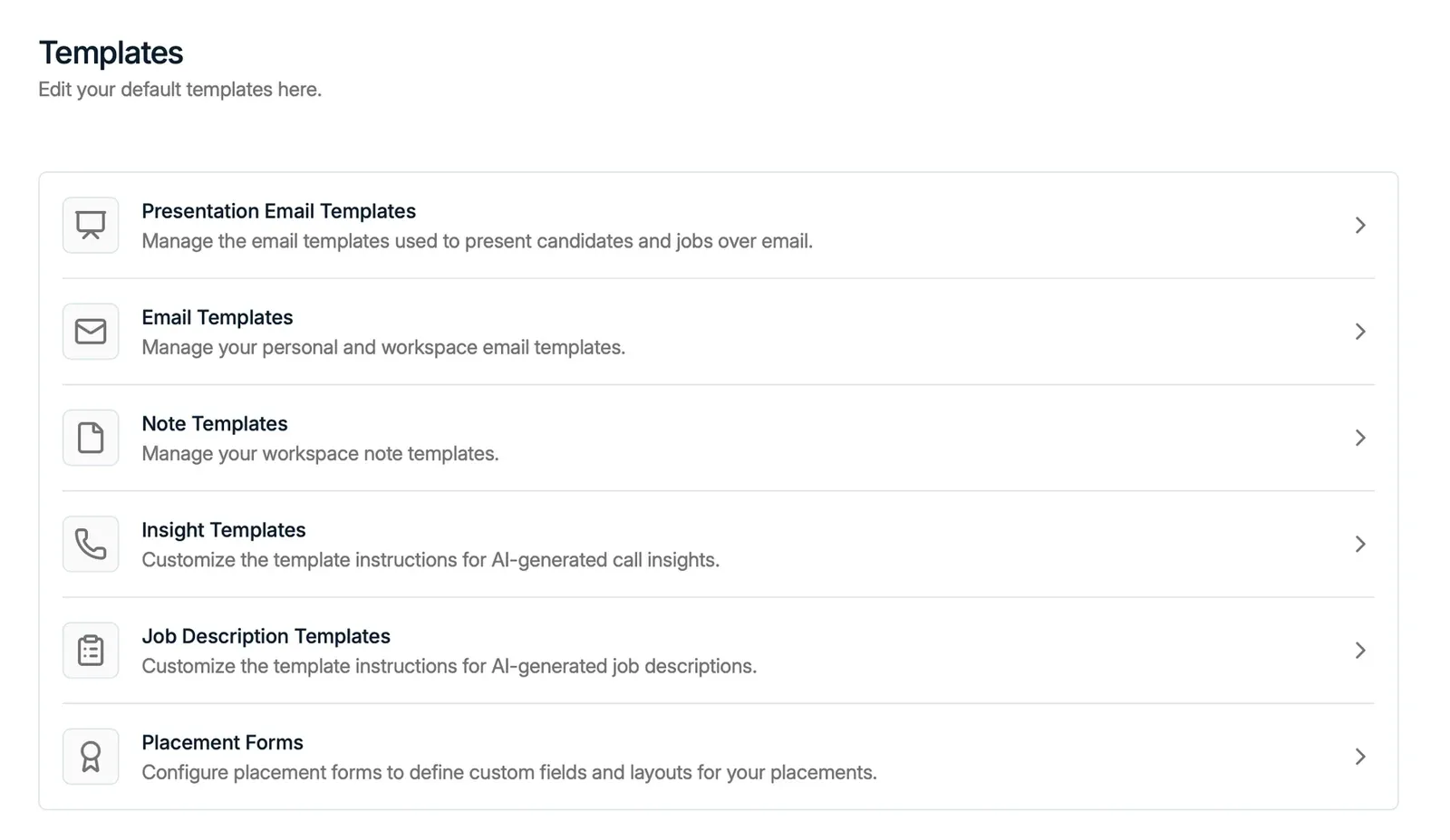 The Templates settings listing each template category