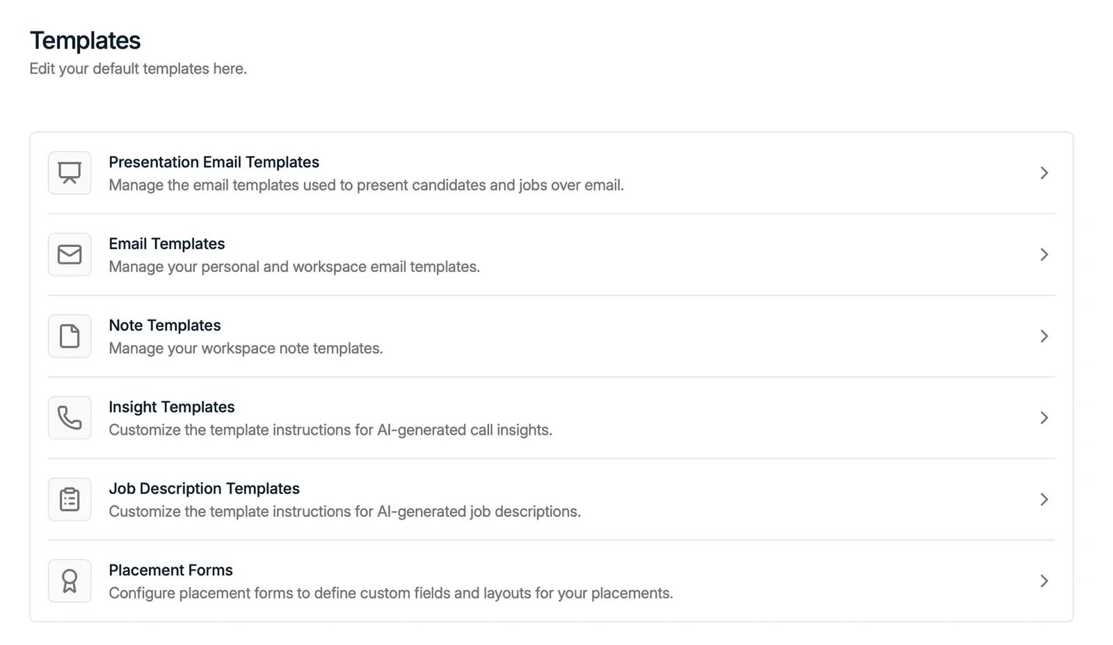 The Templates settings listing each template category