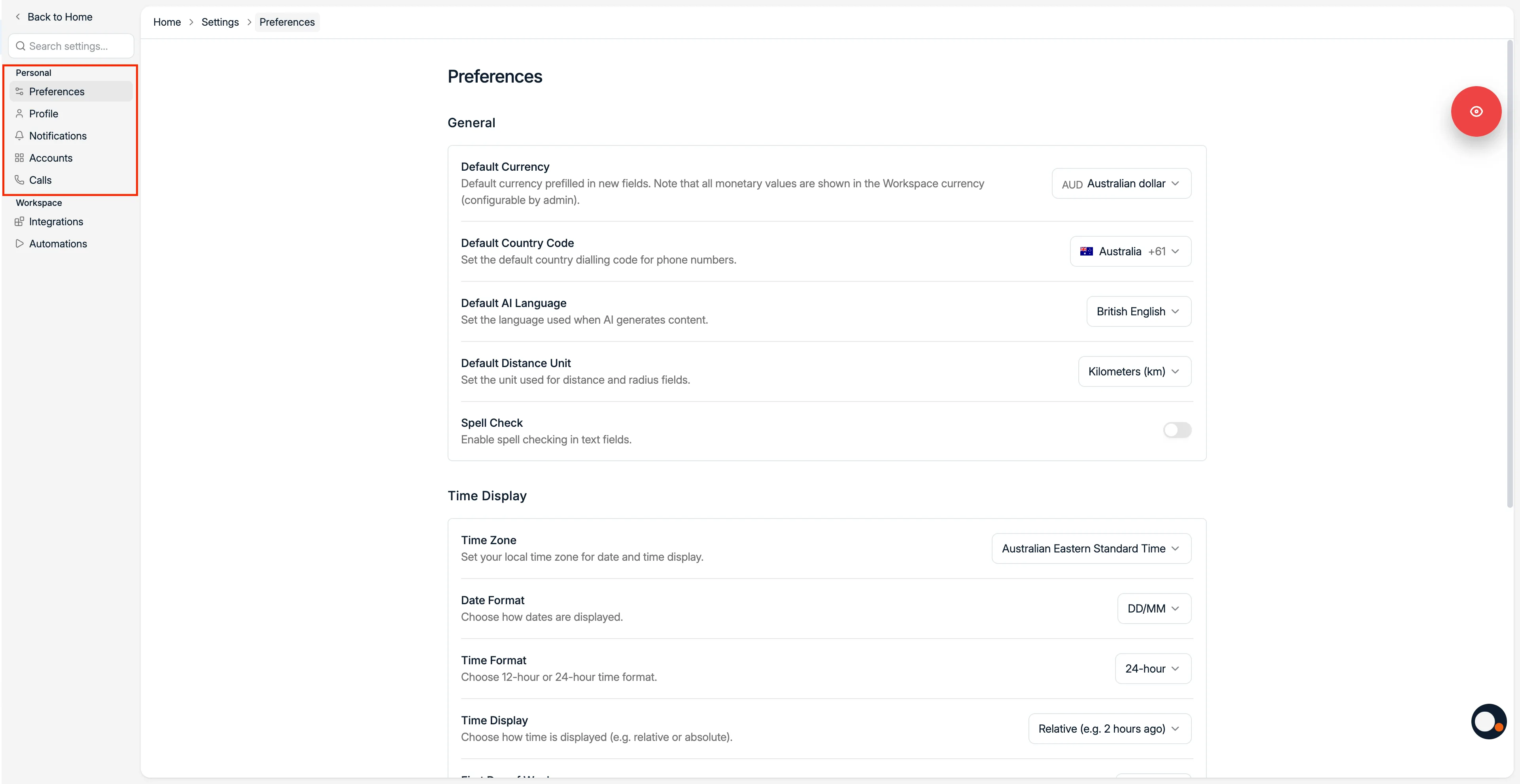 The personal settings section of the settings sidebar