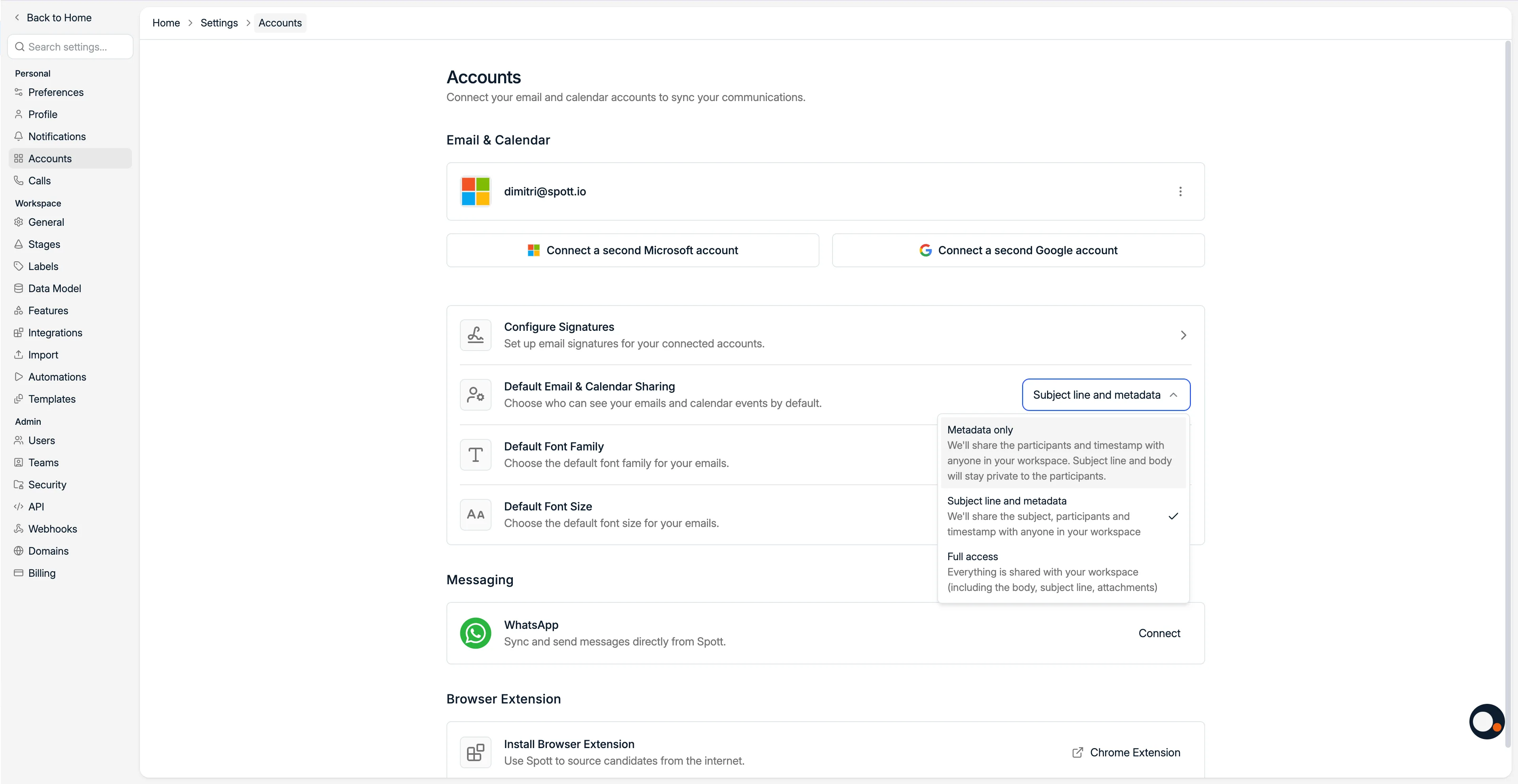The email and calendar sharing options