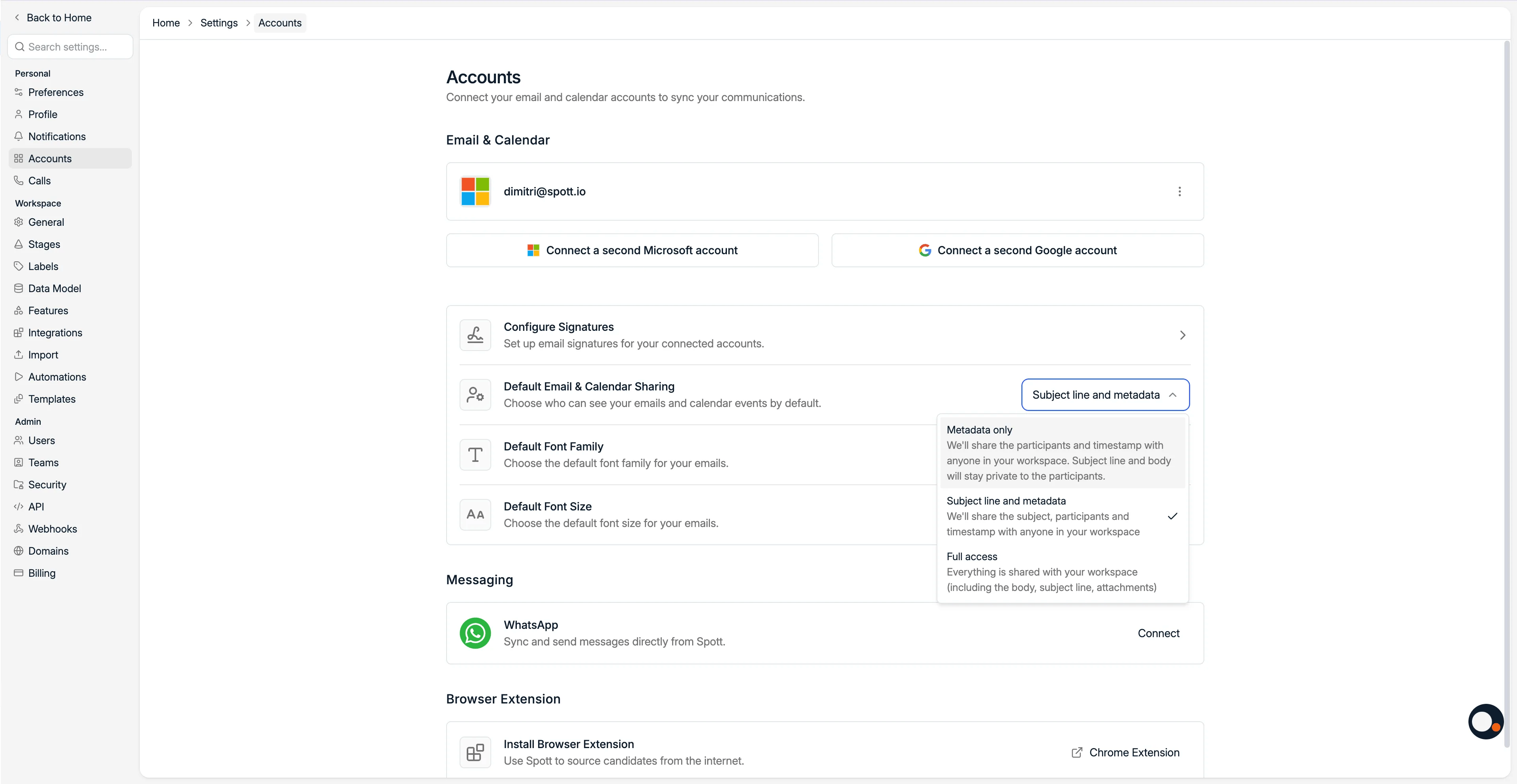 The email and calendar sharing options