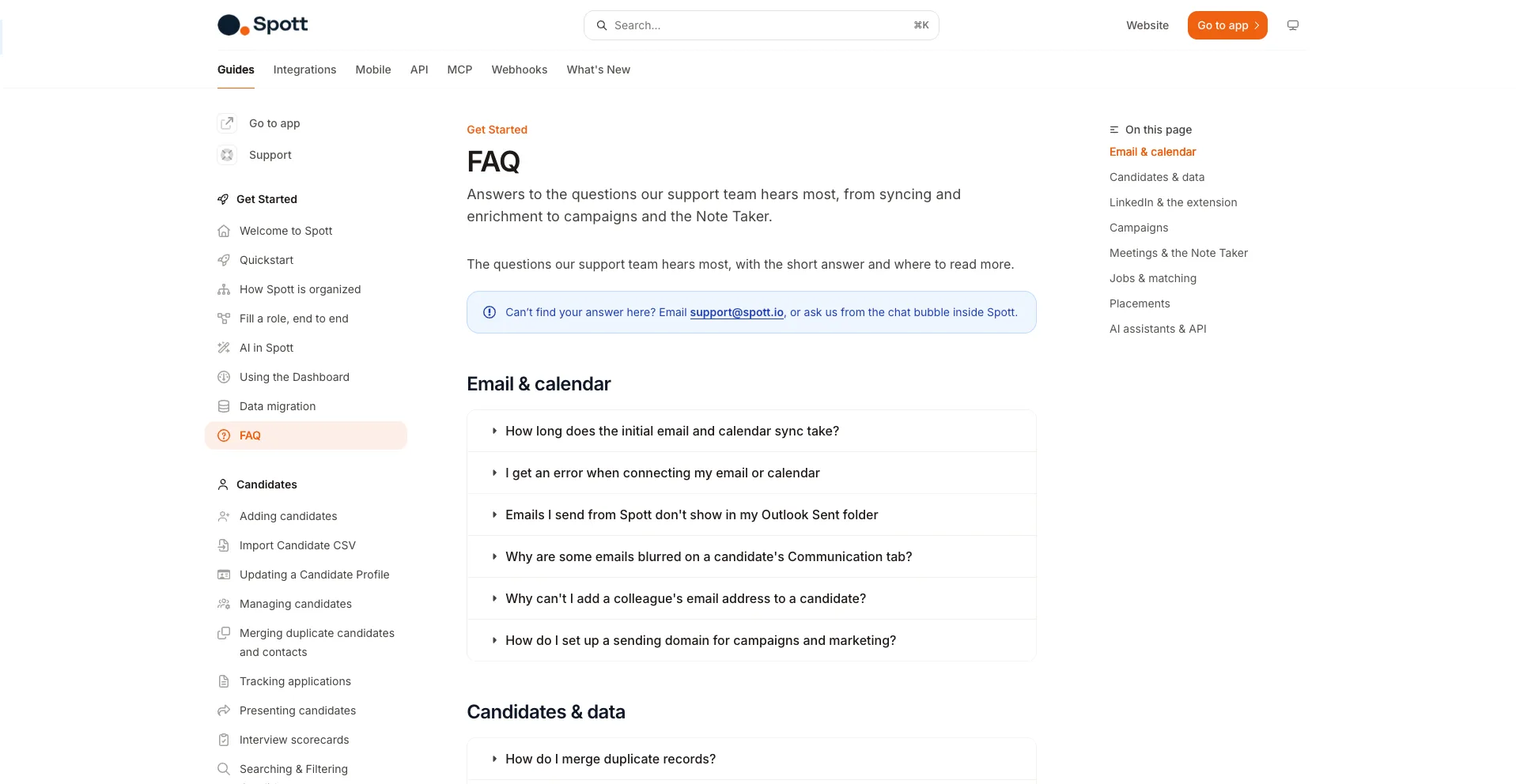 The Spott documentation site, with articles organized per topic