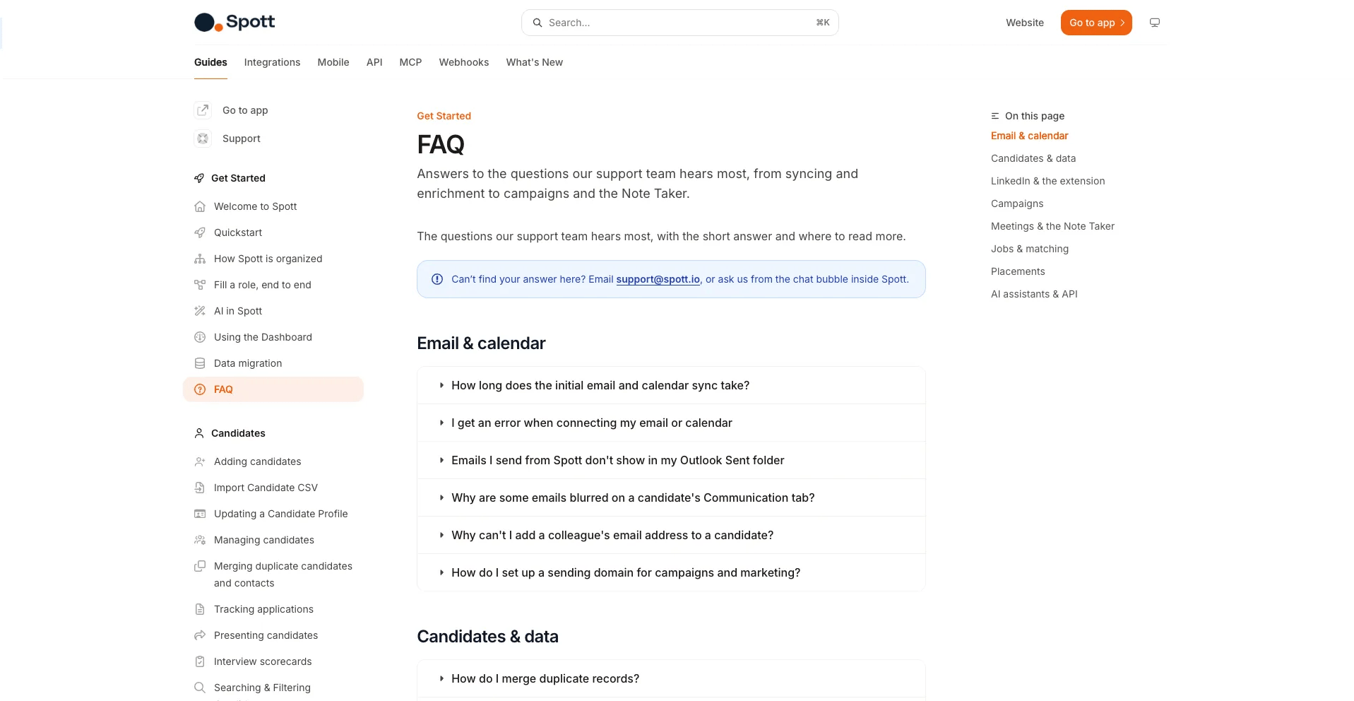 The Spott documentation site, with articles organized per topic
