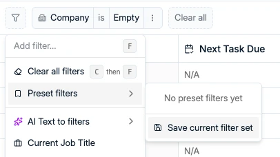 Le sous-menu Preset filters avec Save current filter set