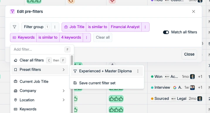 Un preset filter enregistré, disponible dans la boîte de dialogue Edit pre-filters