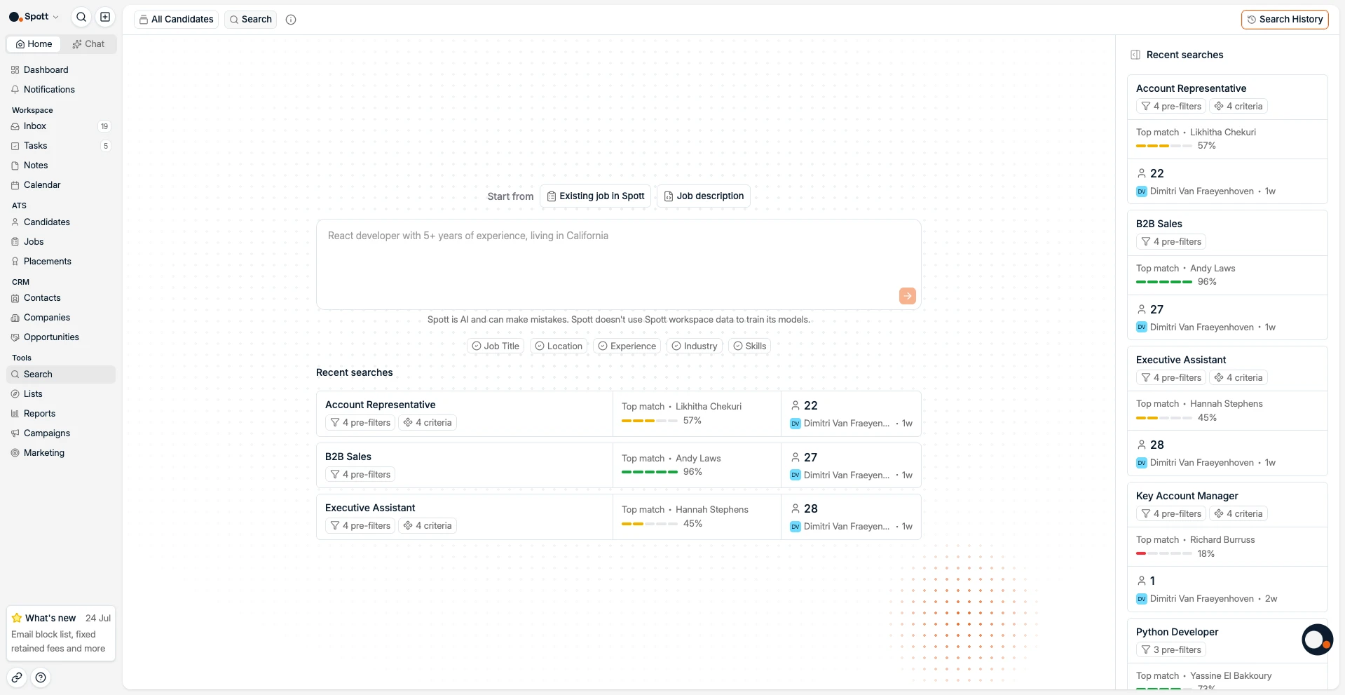 L'onglet Search avec Search History ouvert sur la droite