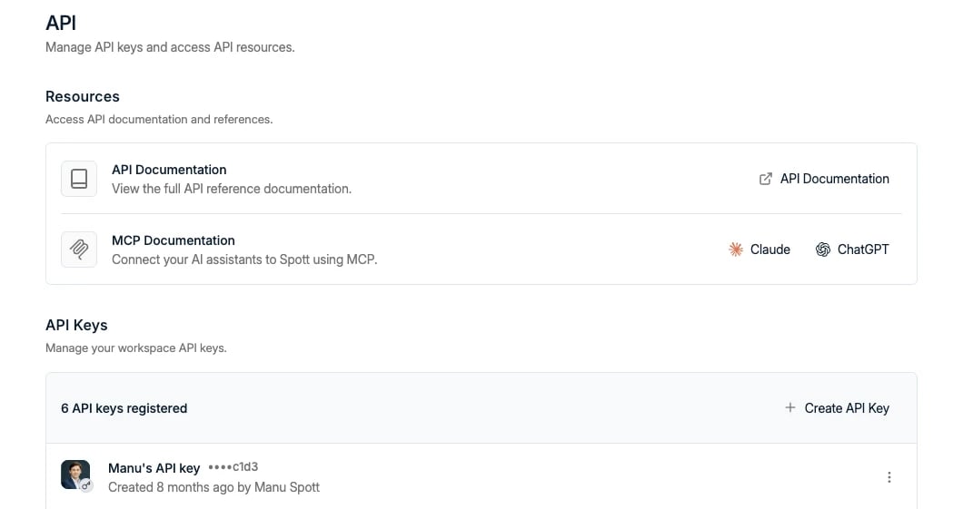 The API settings page with documentation links and API keys