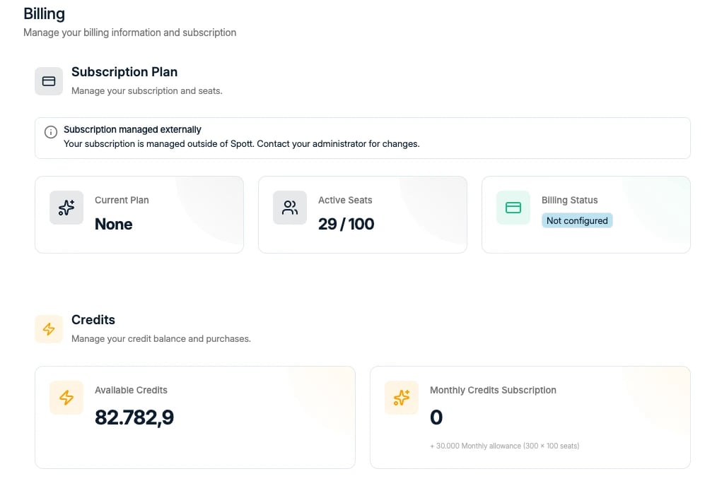 Billing with subscription plan, seats, and credit balance