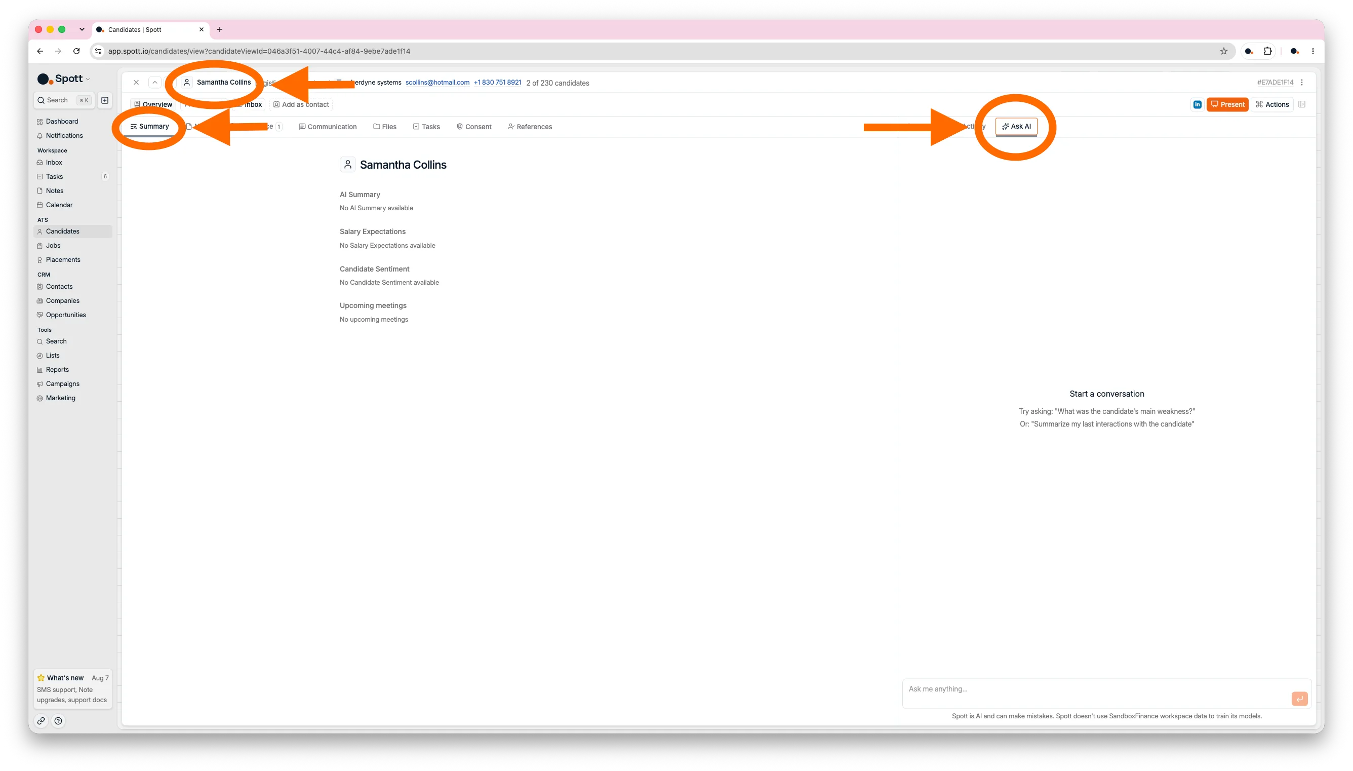 The Ask AI panel on a candidate profile