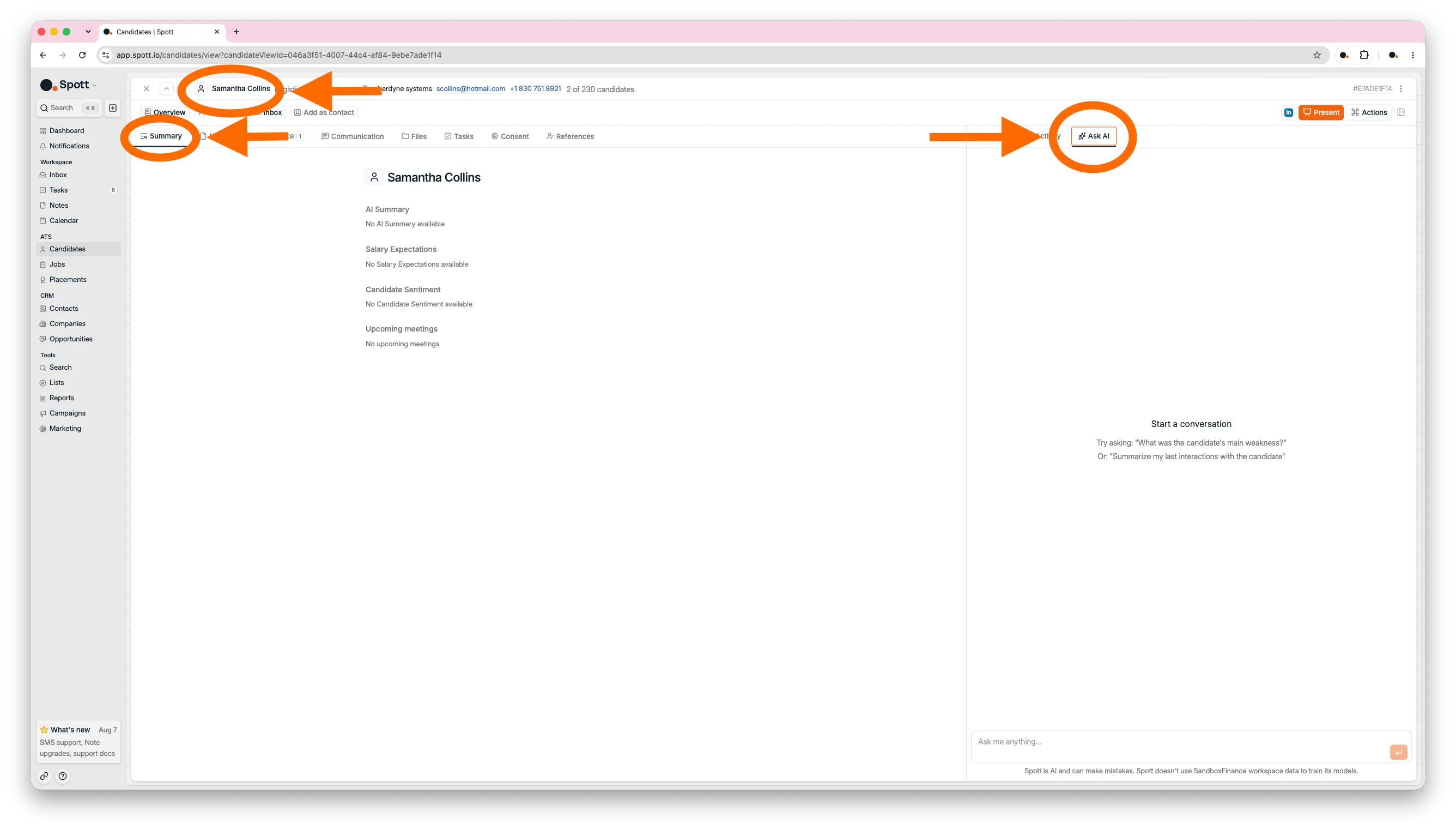 The Ask AI panel on a candidate profile