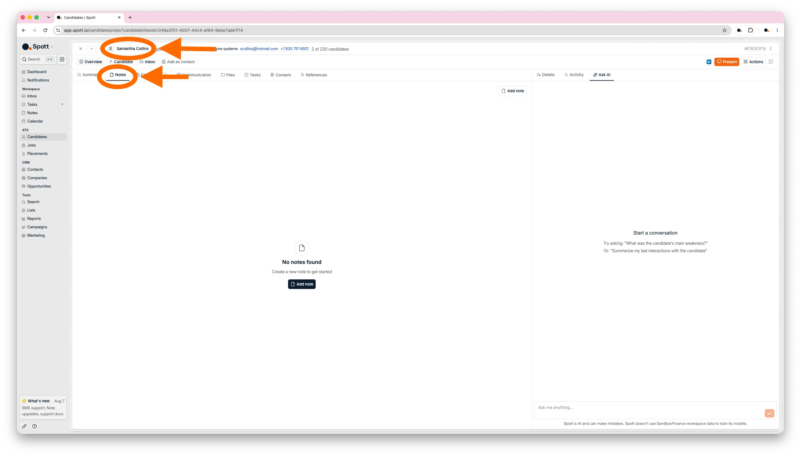 The Notes subtab on a candidate profile