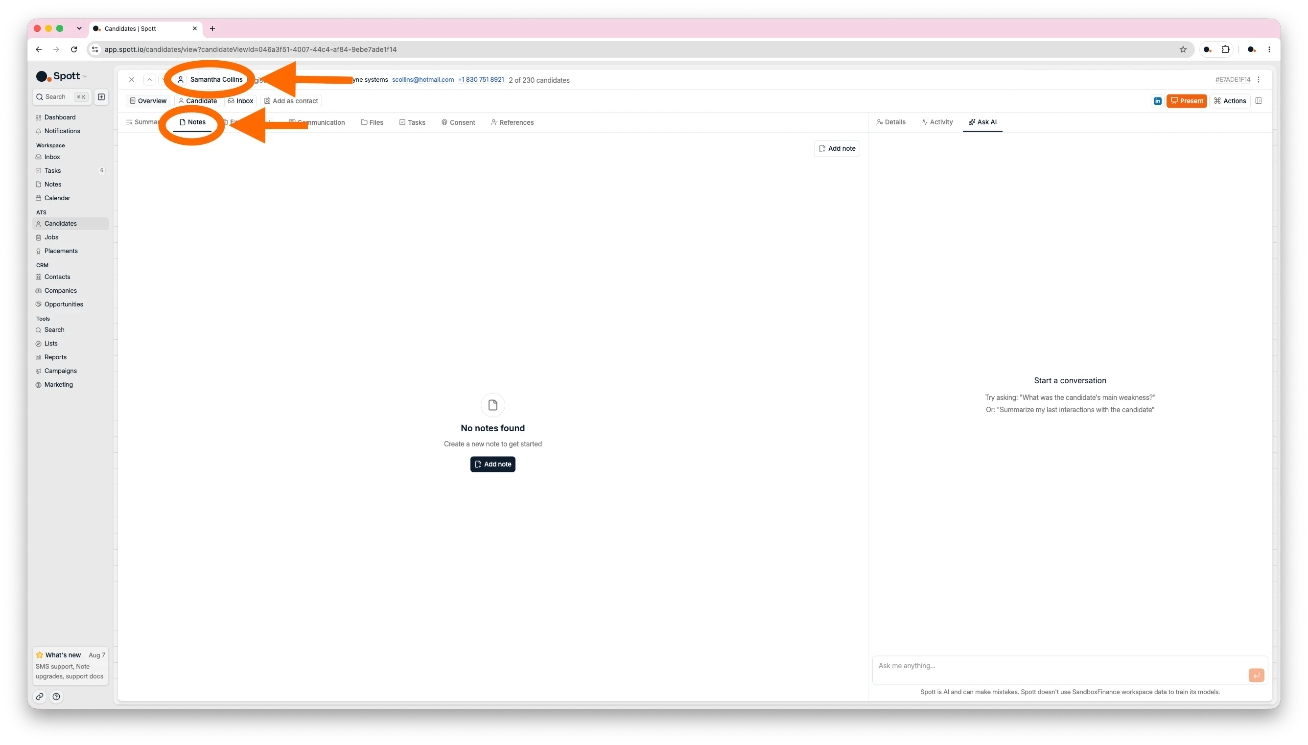 The Notes subtab on a candidate profile