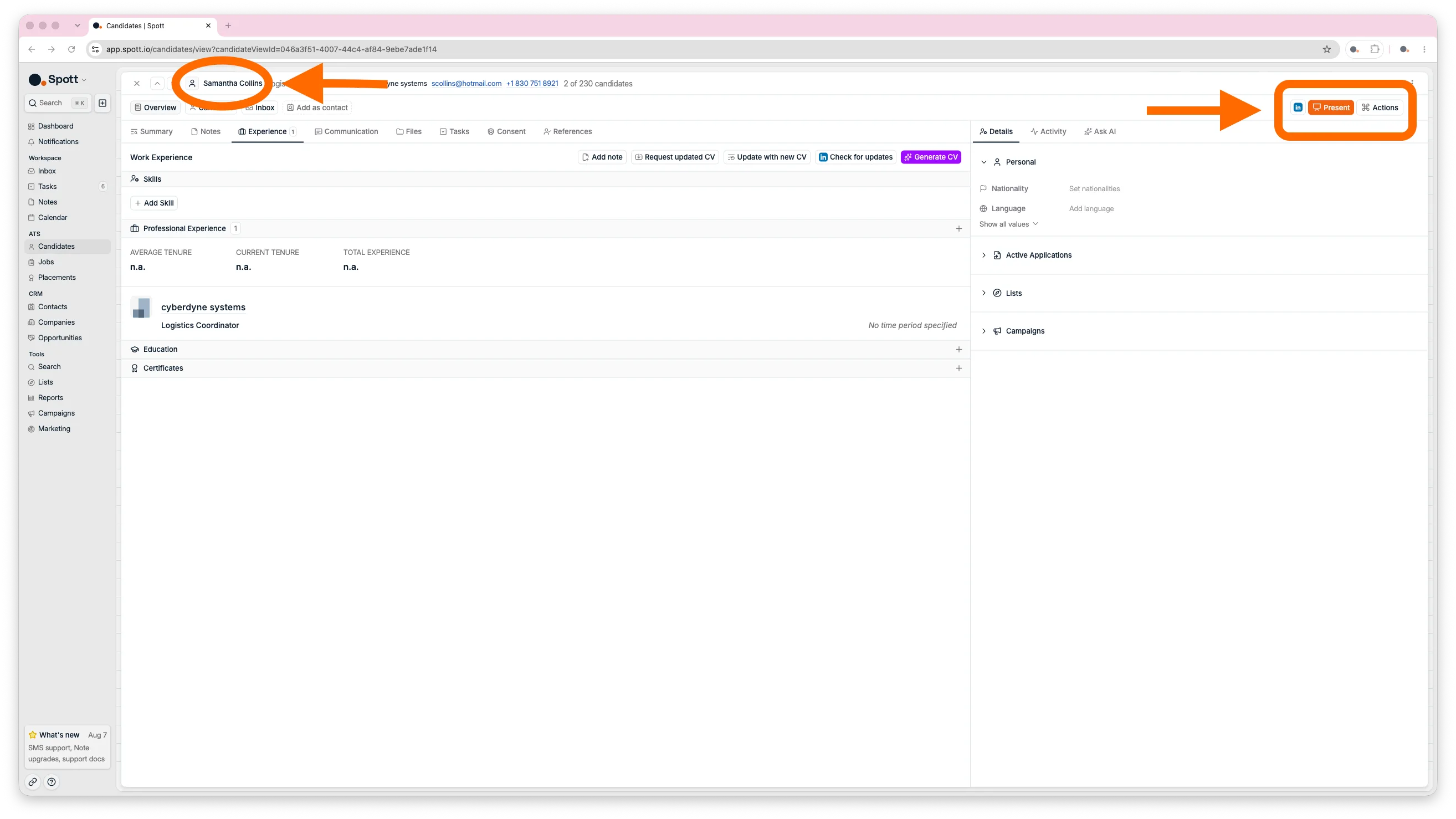 The quick actions in the top right of a candidate profile