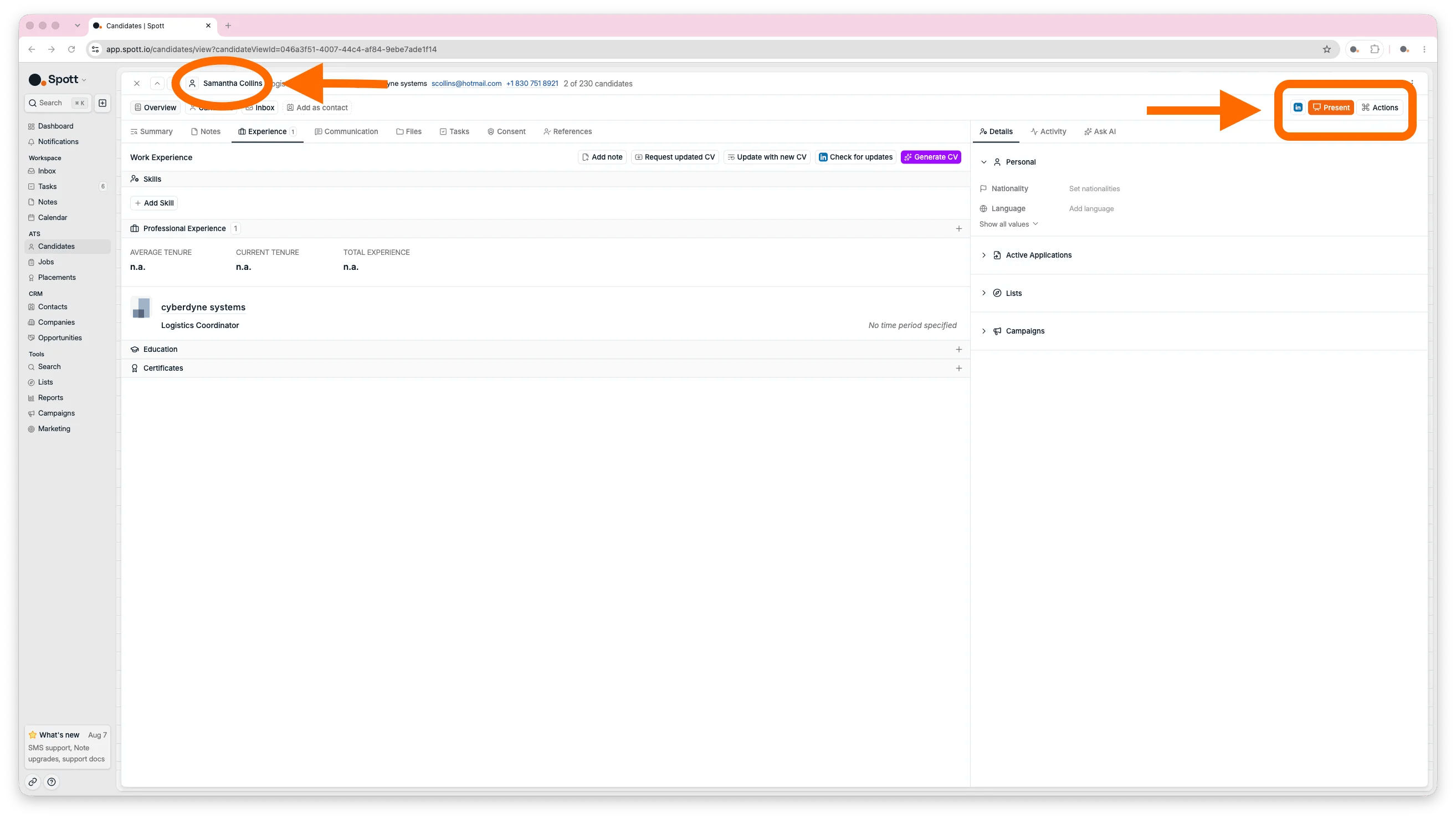 The quick actions in the top right of a candidate profile