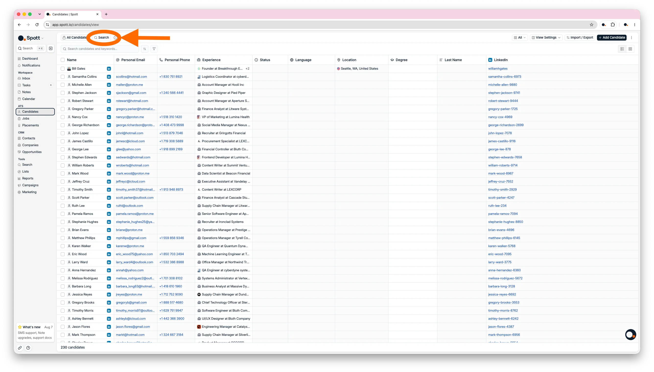 The Search tab highlighted above the candidate table