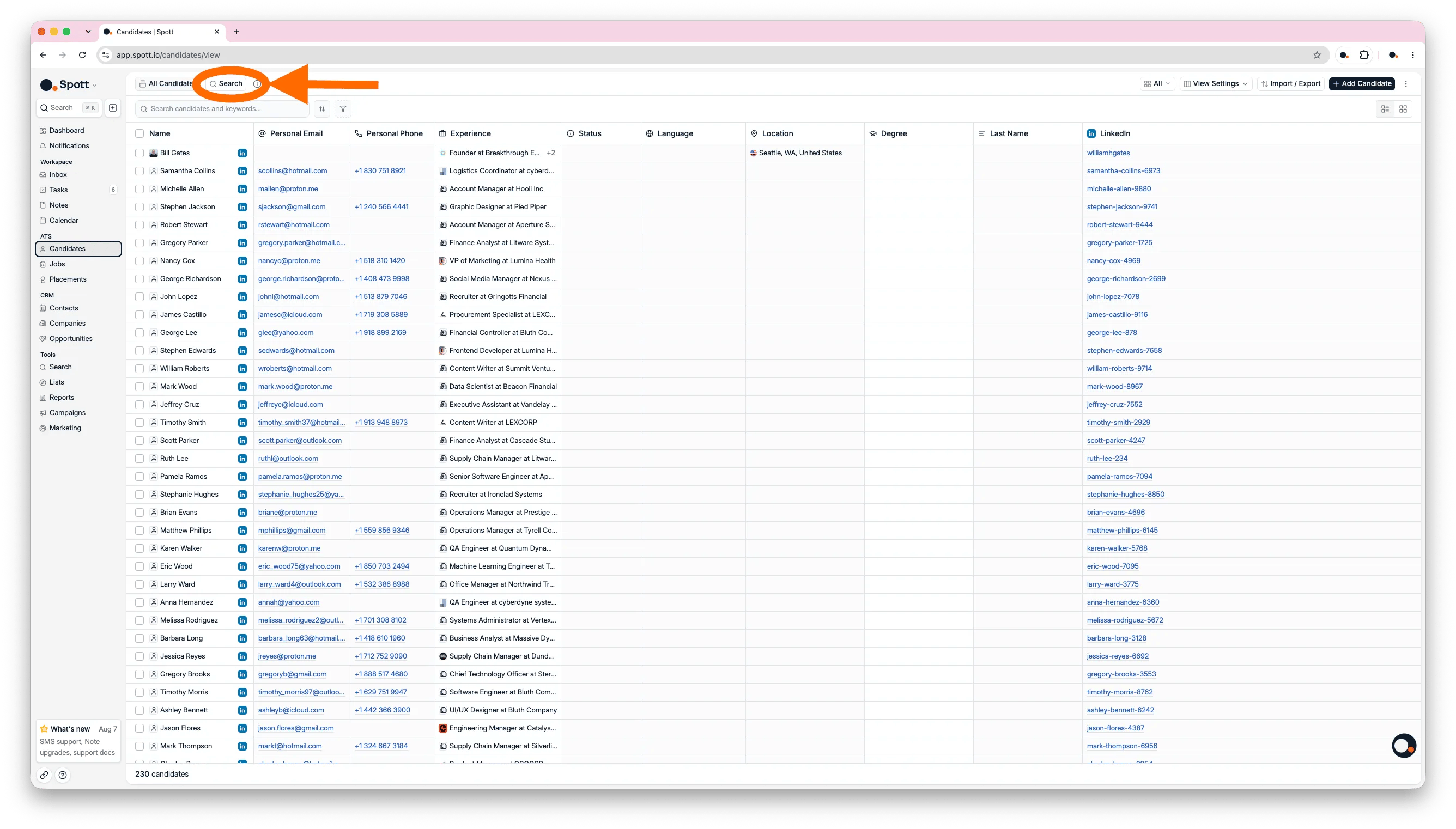 The Search tab highlighted above the candidate table