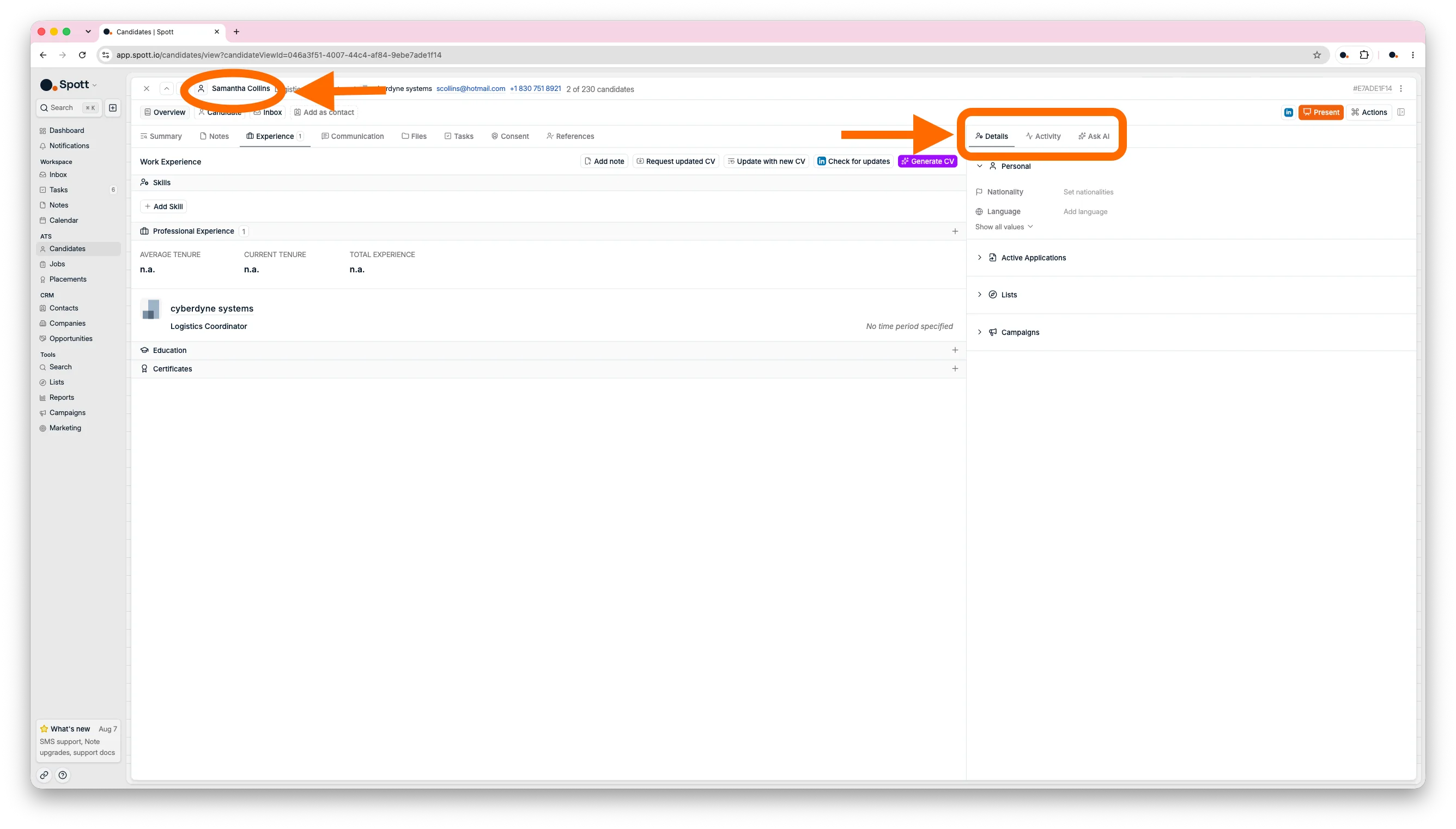 The Details, Activity, and Ask AI side panel on a candidate profile