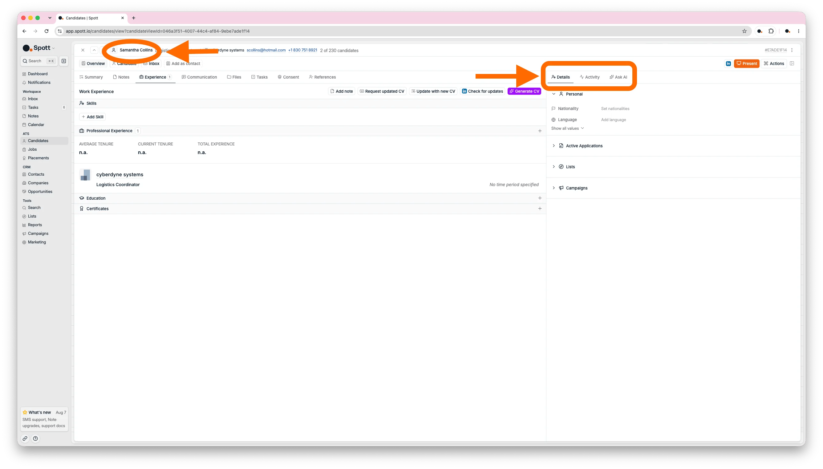 The Details, Activity, and Ask AI side panel on a candidate profile