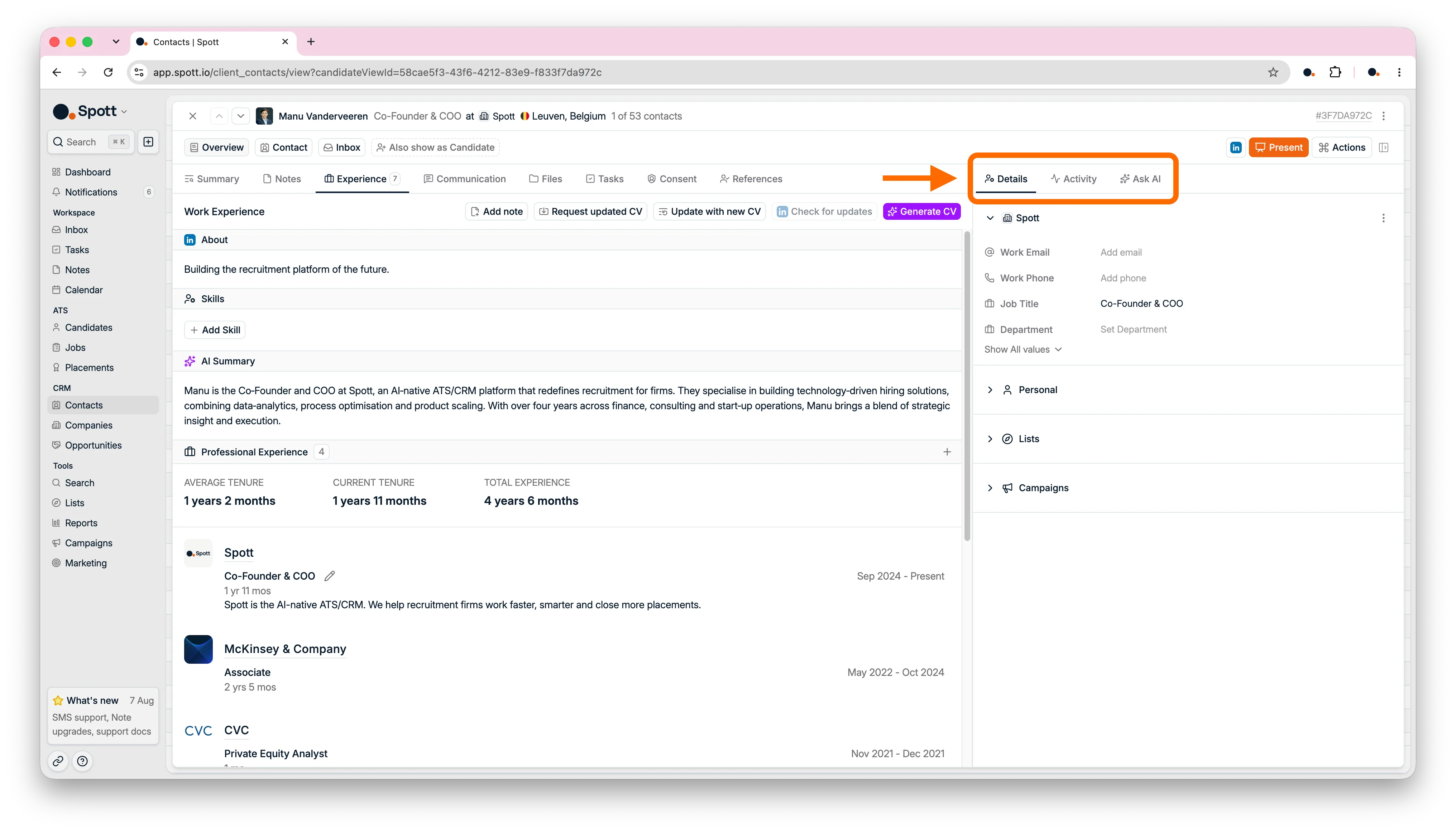 The Details, Activity, and Ask AI side panel on a contact record