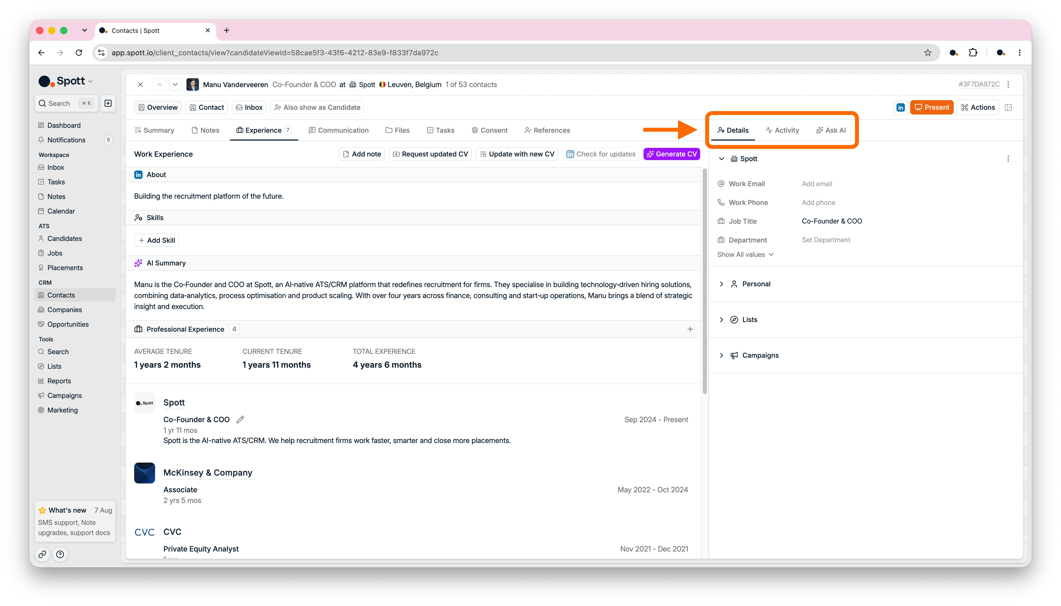 The Details, Activity, and Ask AI side panel on a contact record