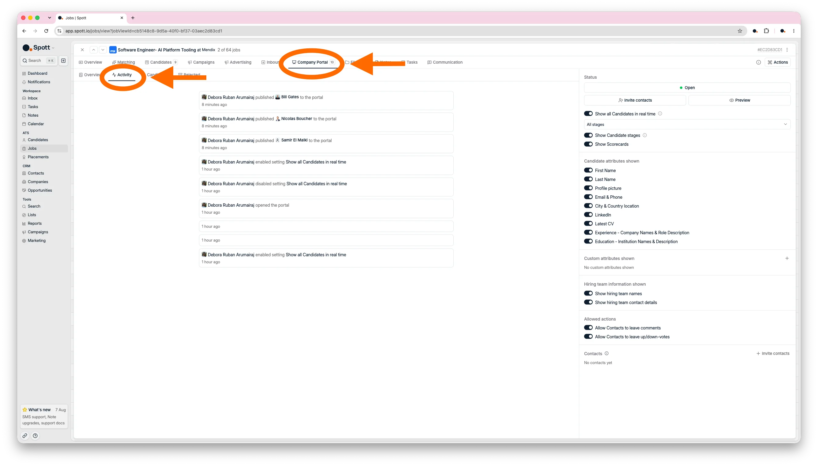 Client activity inside the Company Portal