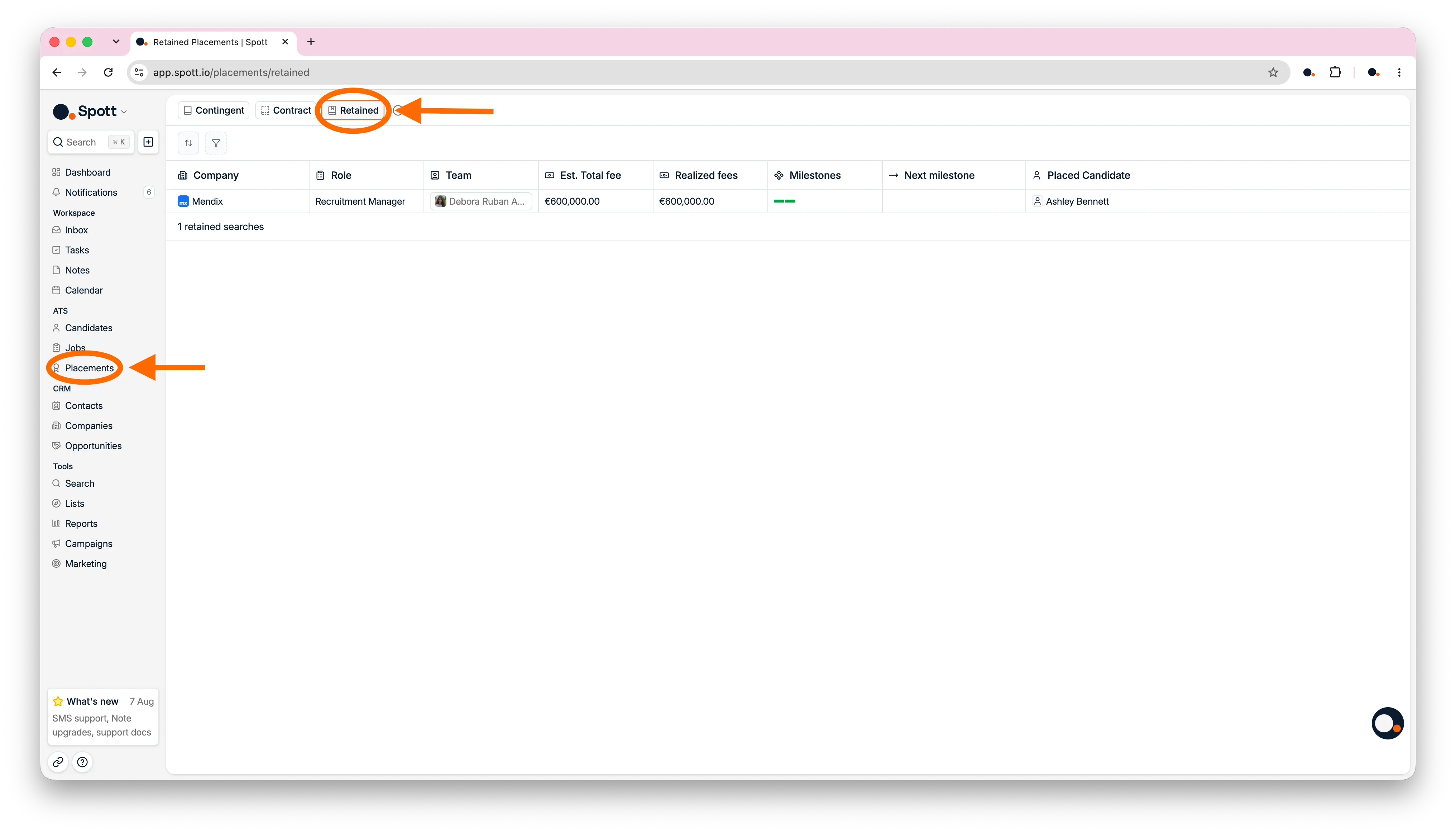 The Retained tab, with milestones and realized fees