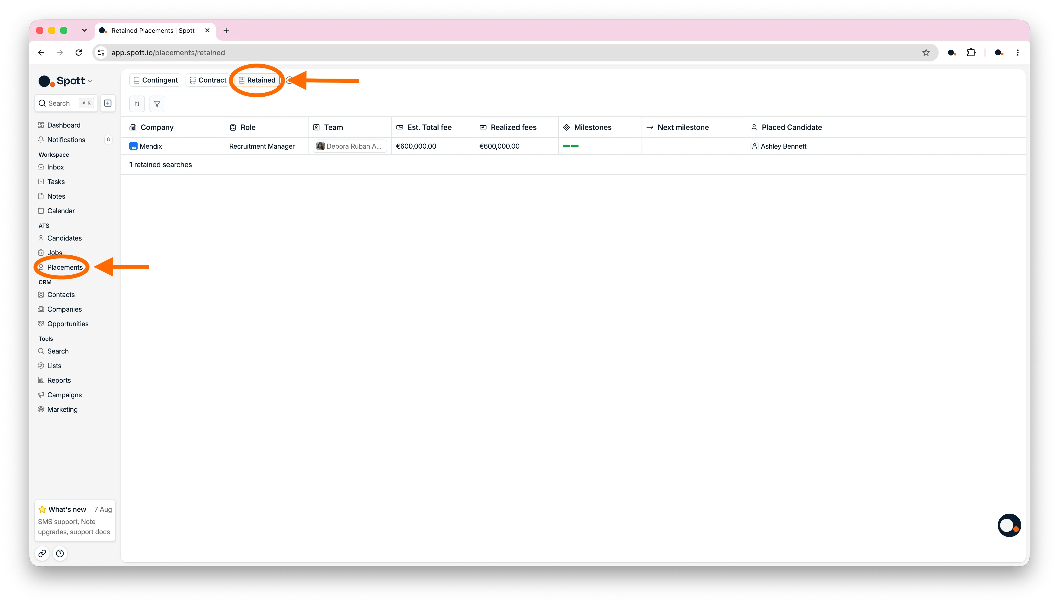 The Retained tab, with milestones and realized fees
