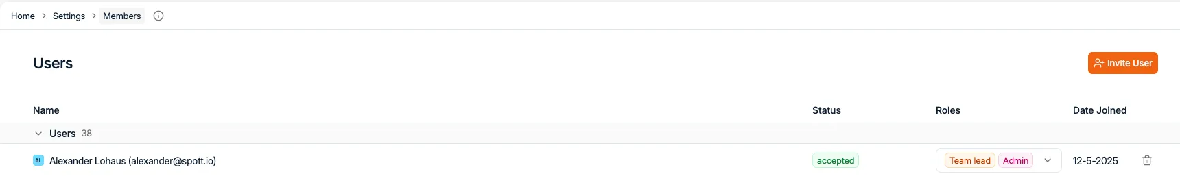 The Users tab, with the Invite user button