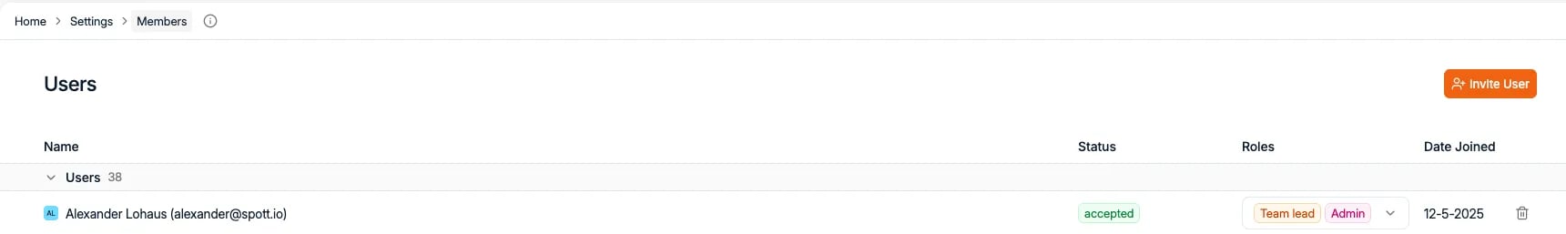 The Users tab, with the Invite user button
