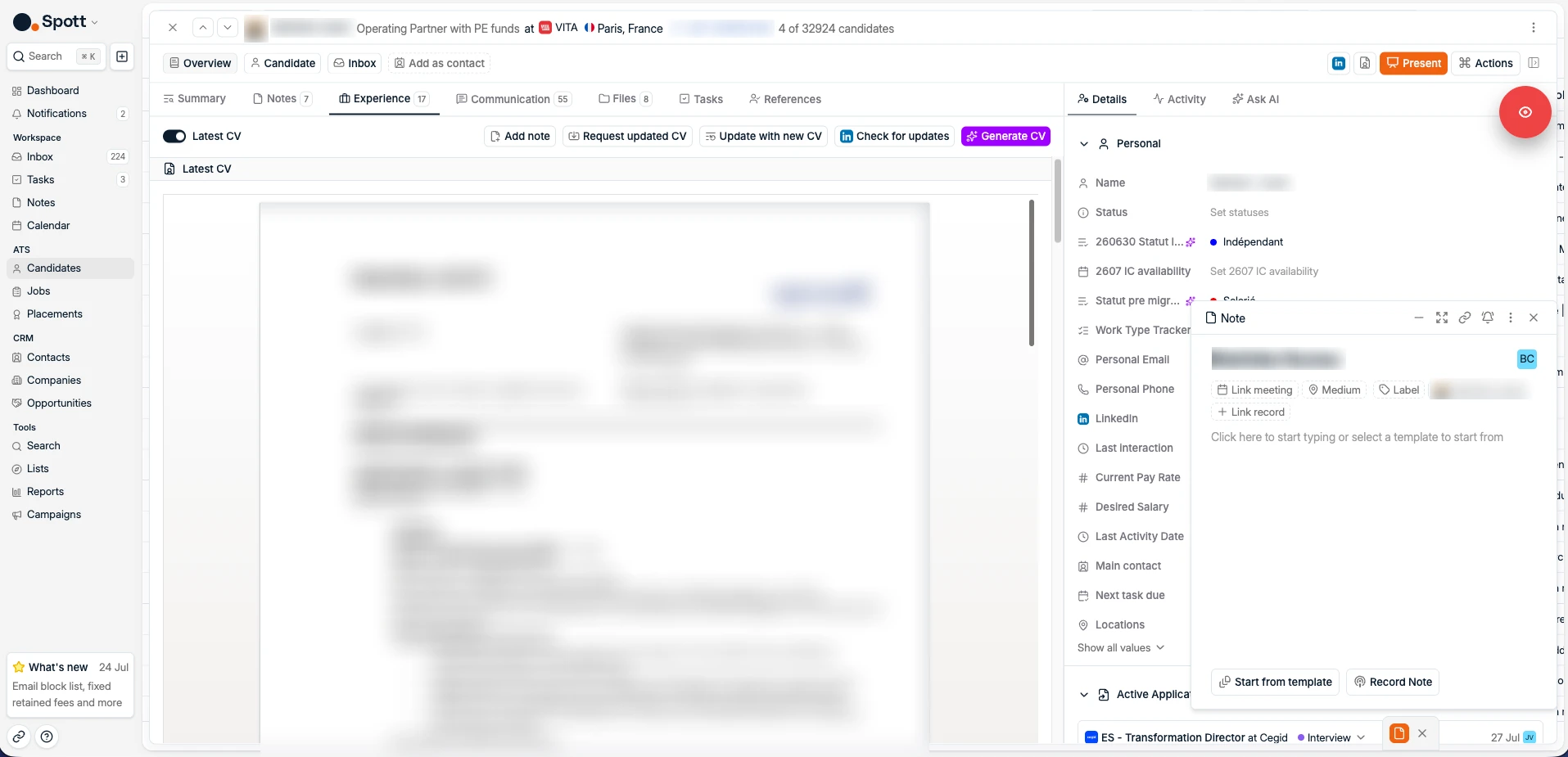 Le sous-onglet Experience avec l'interrupteur Latest CV activé, affichant le document CV et une note ancrée
