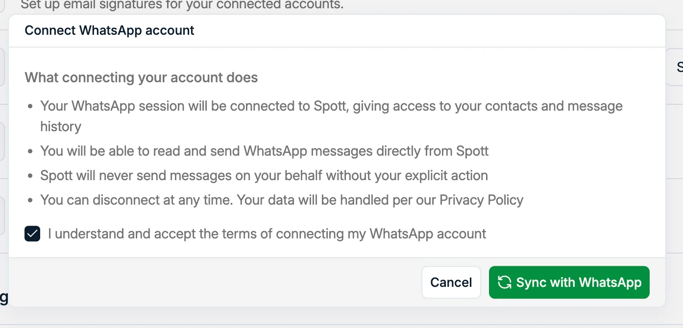 La fenêtre Connect WhatsApp account