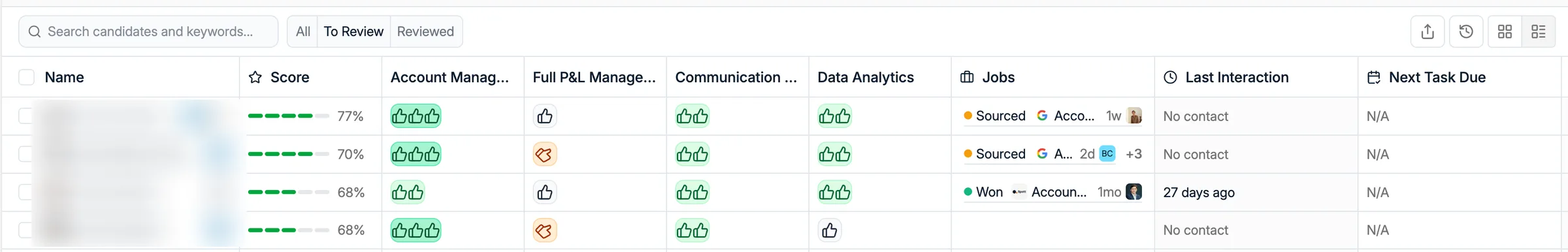 Les résultats de matching en vue tableau, un critère par colonne