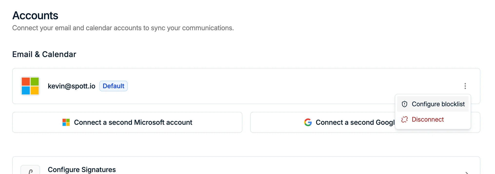 Le menu du compte avec Configure blocklist