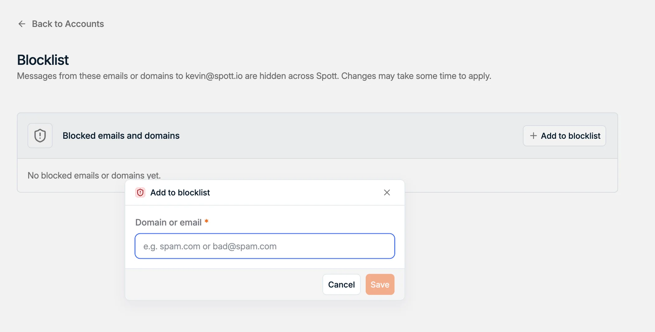 La page Blocklist avec la fenêtre Add to blocklist