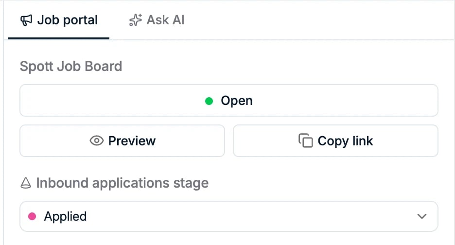 The Spott Job Board panel with Open status