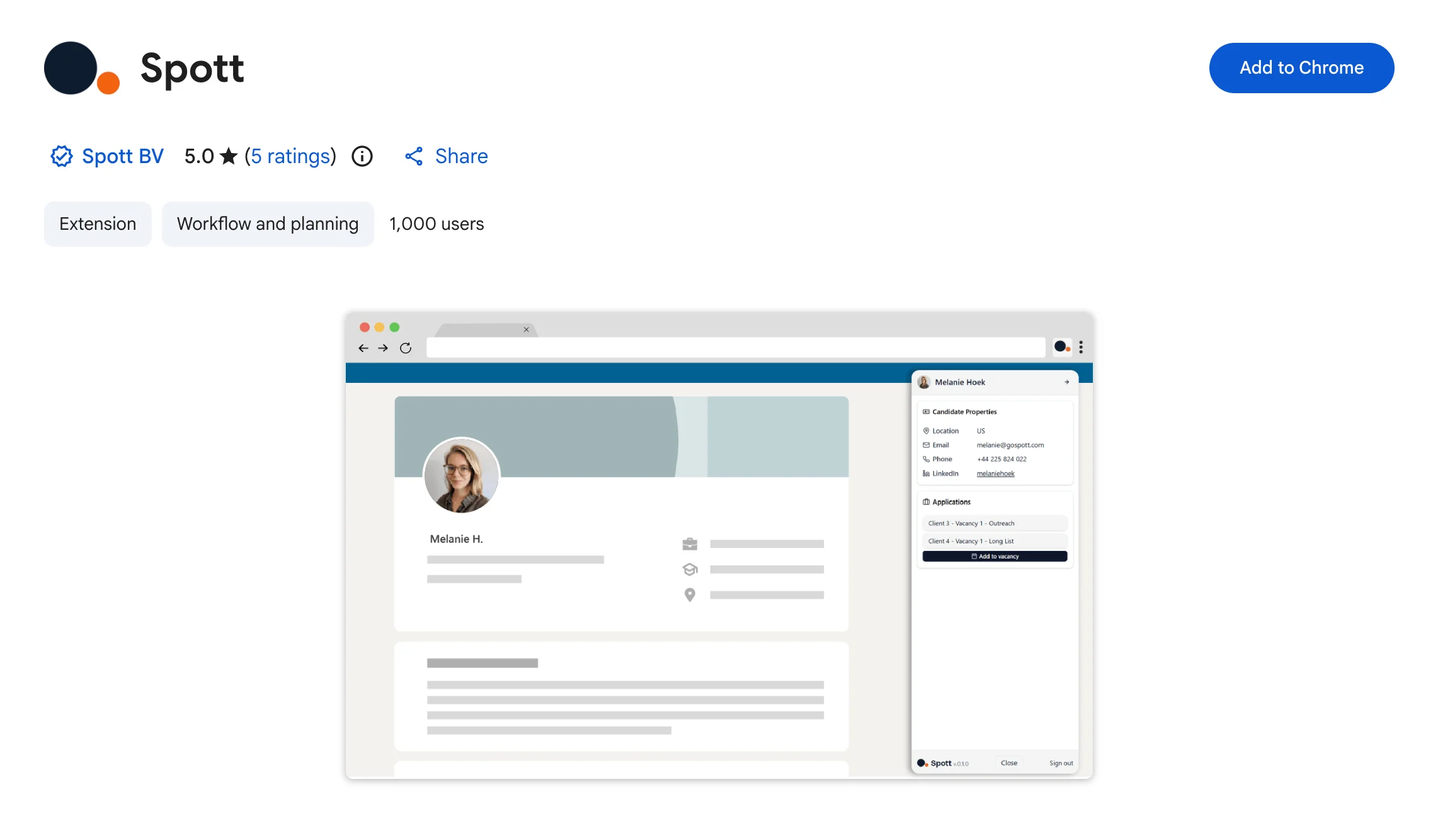 La fiche Spott sur le Chrome Web Store avec le bouton Add to Chrome