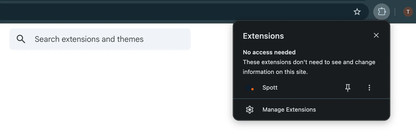Le menu des extensions de Chrome avec l'icône d'épingle à côté de Spott
