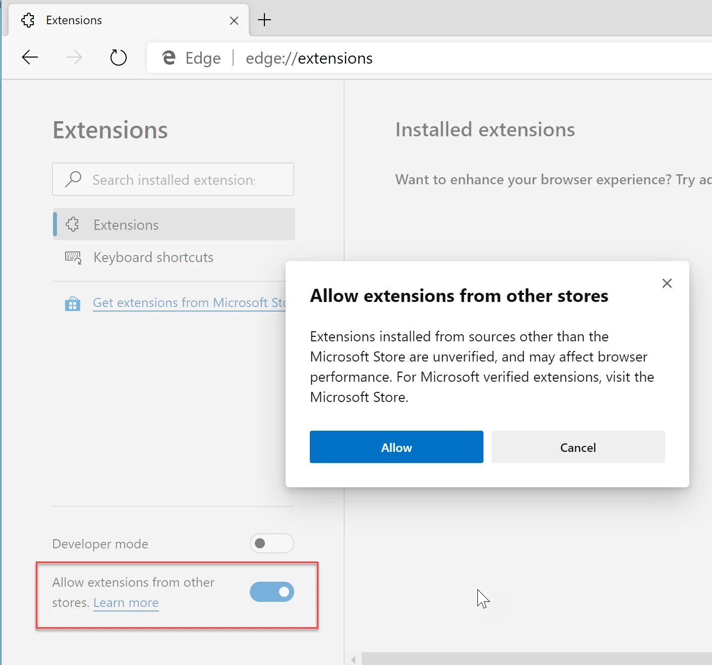 La page des extensions d'Edge avec l'option Allow extensions from other stores