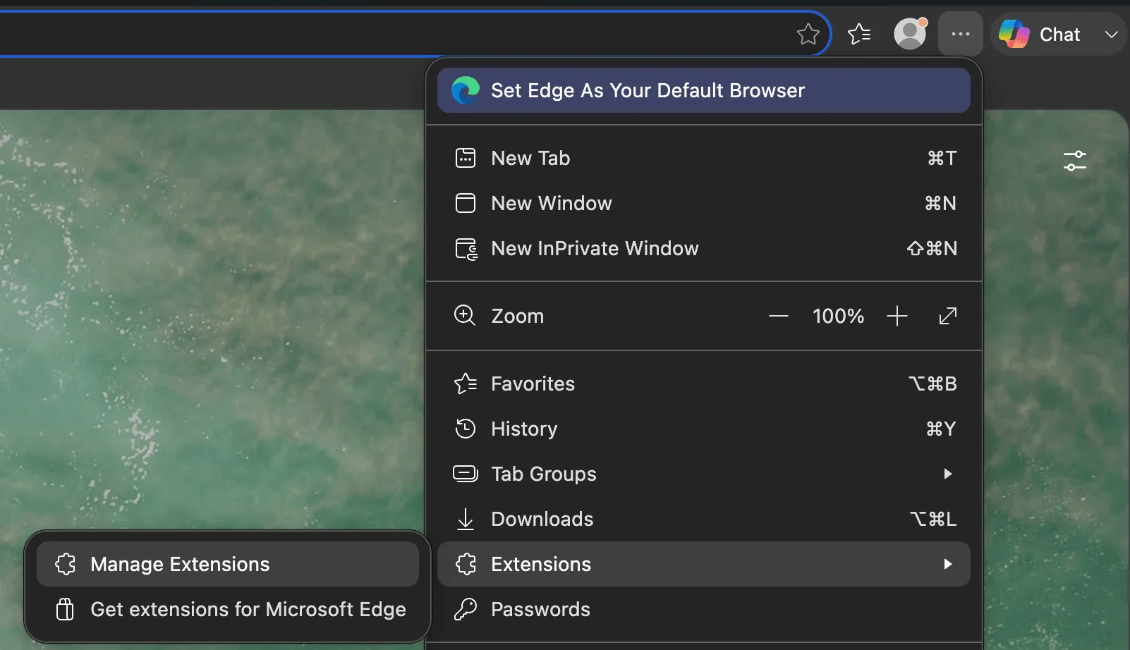 Le menu Edge avec Extensions et Manage Extensions mis en évidence