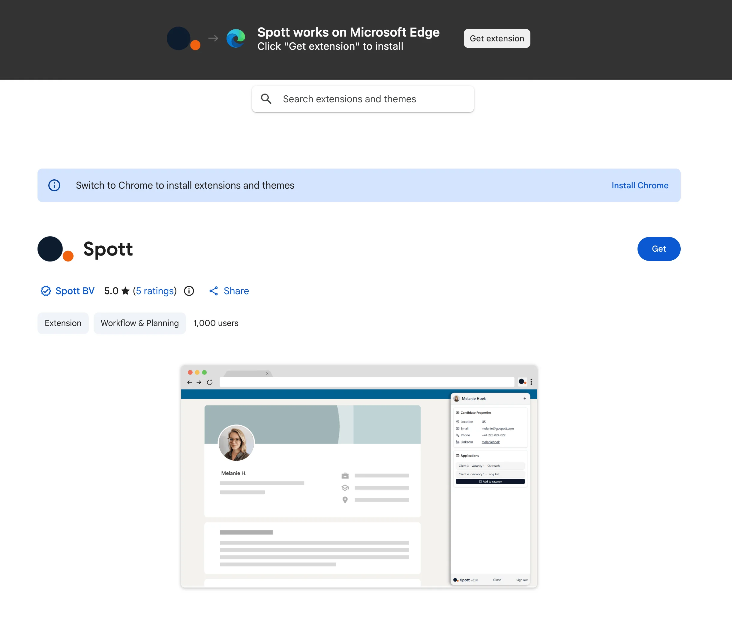 La fiche Spott du Chrome Web Store ouverte dans Edge avec la bannière Get extension