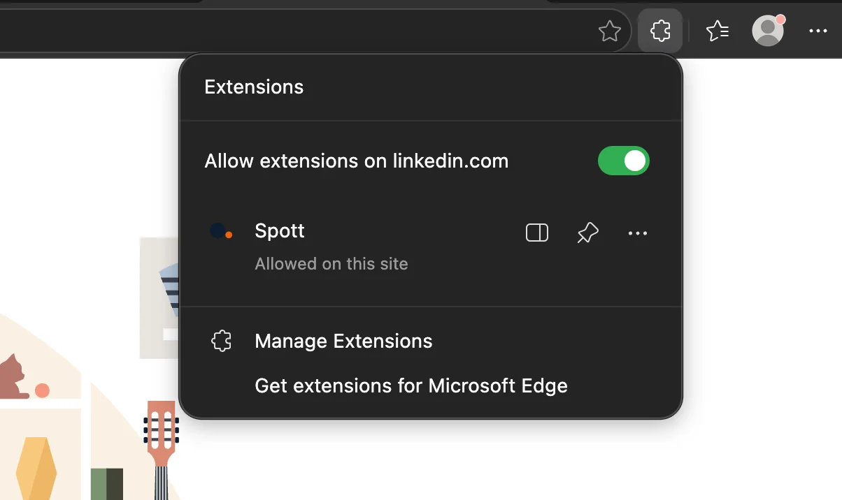 Le menu des extensions d'Edge avec l'icône d'épingle à côté de Spott