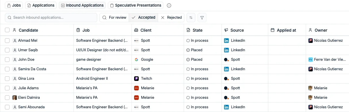 Der Tab Inbound Applications auf der Seite Jobs mit Bewerbern aus mehreren Jobs