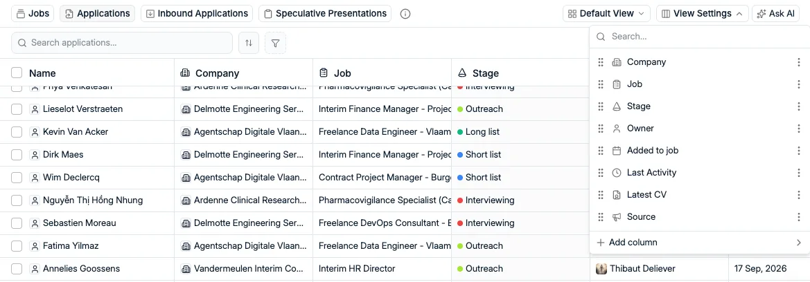L'onglet Job Candidates de la page Jobs avec View Settings ouvert, qui liste ses colonnes