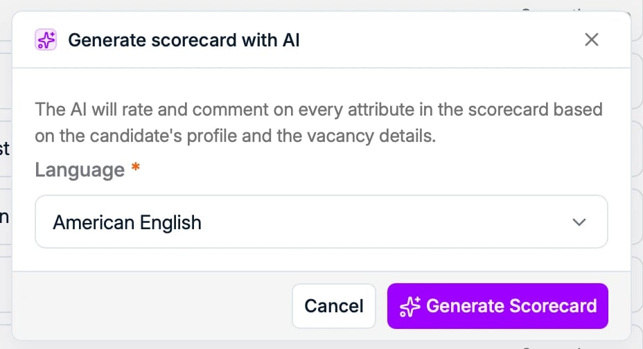 The Generate scorecard with AI dialog
