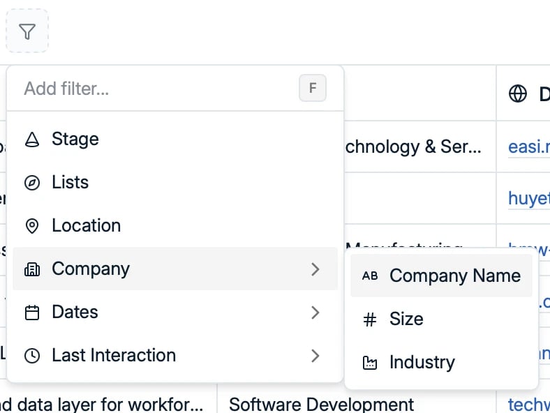 The company filter menu