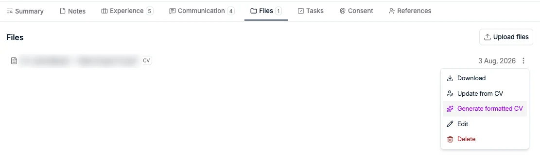 The file menu in the Files subtab with Generate formatted CV